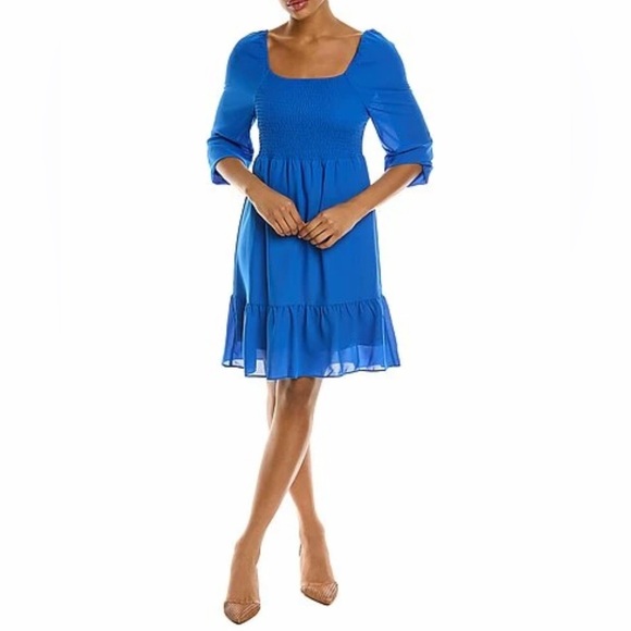 Nanette Lepore Blue Smocked Mini Dress New Size 8 3/4 Sleeves Square Neck - Picture 1 of 9